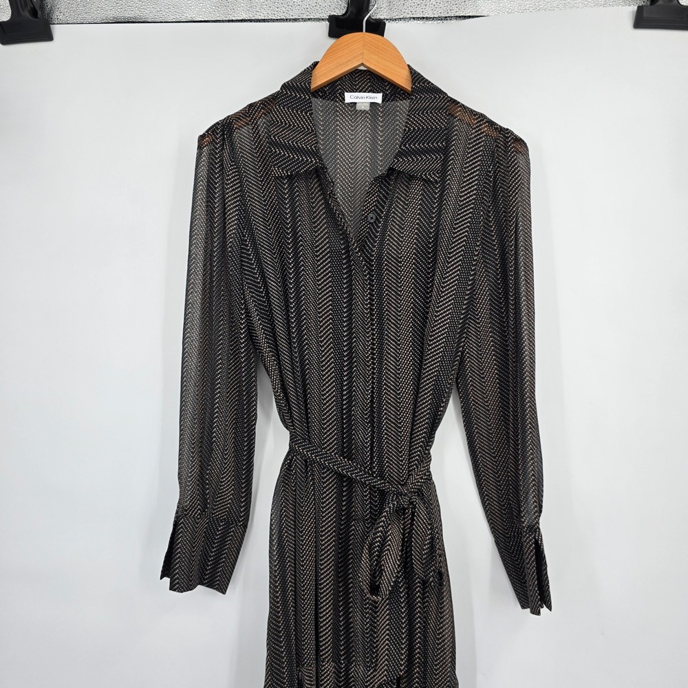 Calvin Klein Womens Black Tan Geometric Dot Chiffon High Low Shirt Dress 12 - Picture 3 of 11